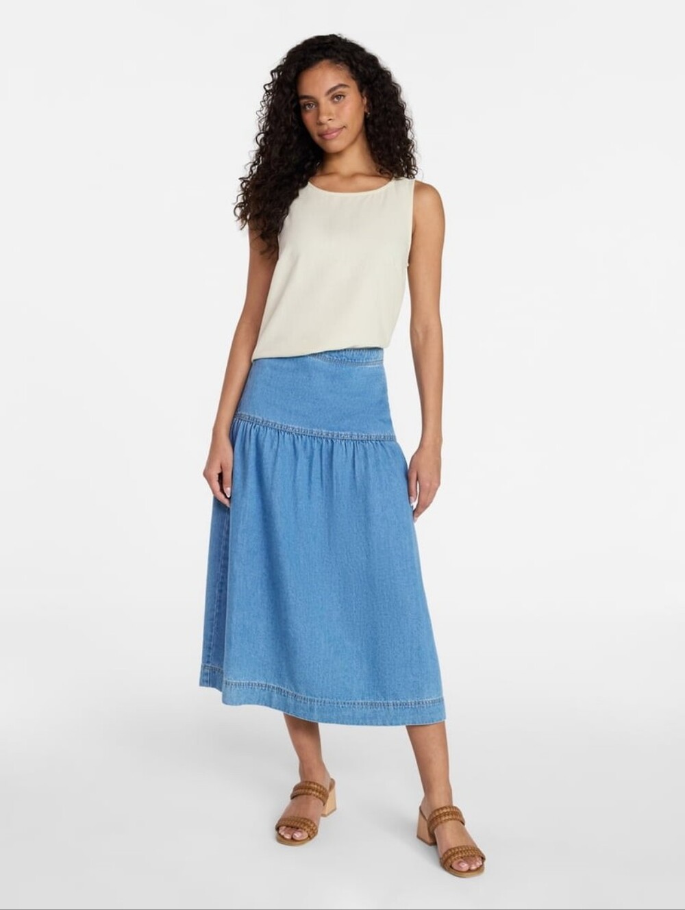 NWT Time & Tru Gathered Drop Waist Full Flared Western Denim Midi Skirt 12